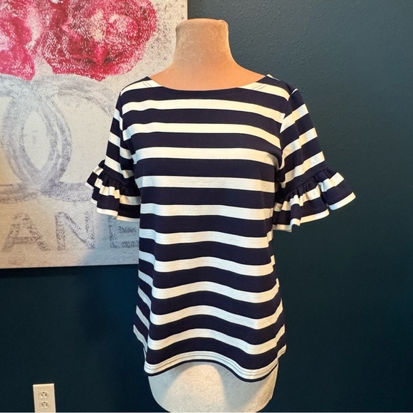 Sail to Sable Navy Striped Ruffle Sleeve Blouse size M - Picture 1 of 5
